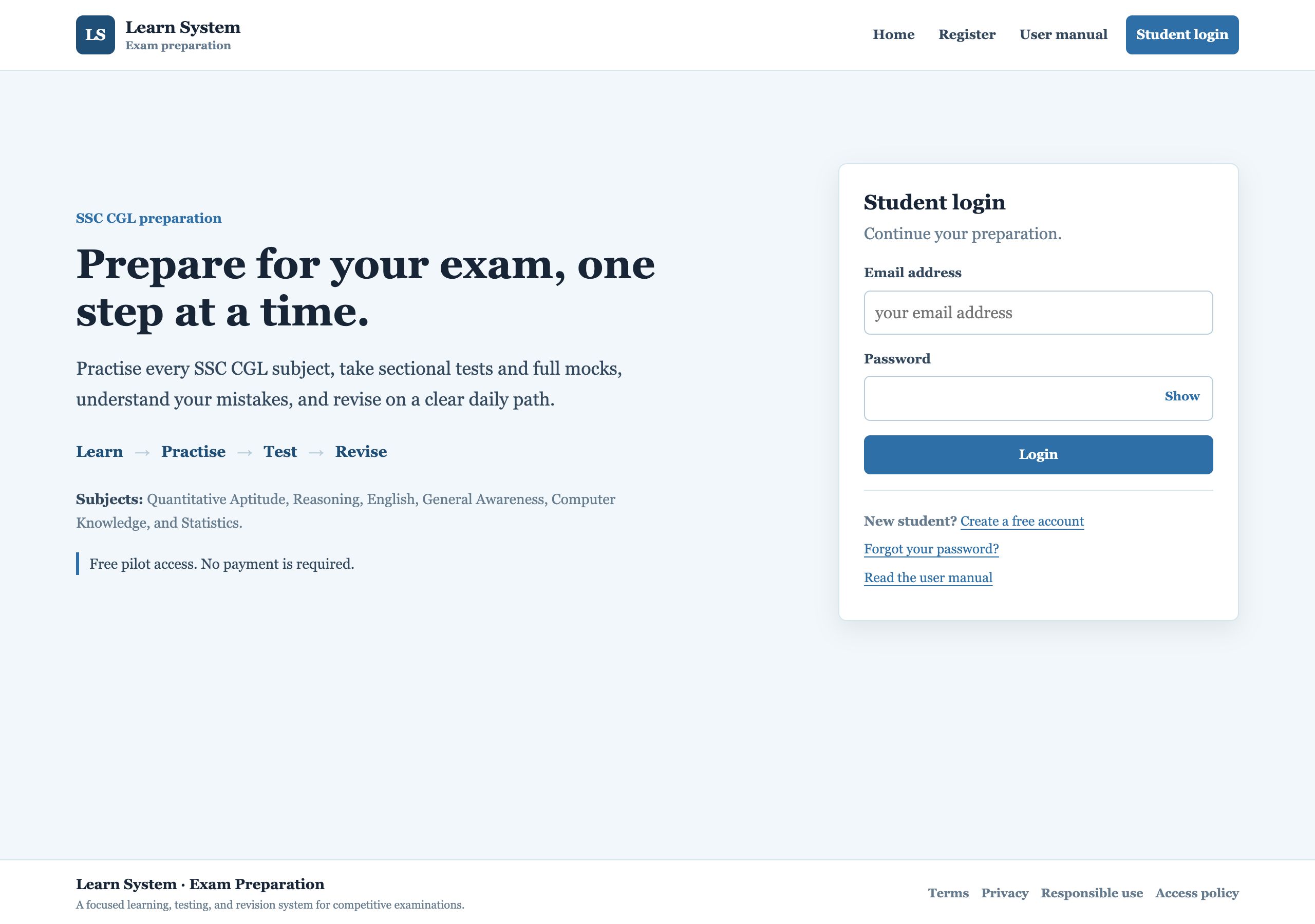Learn System home page