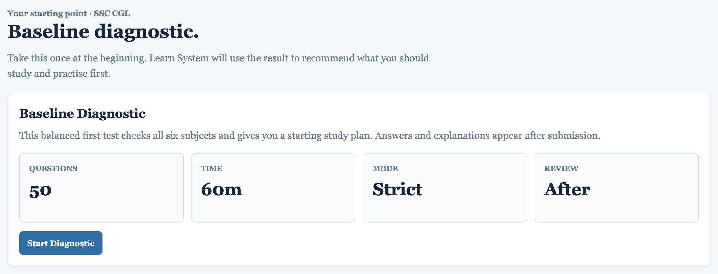 Baseline diagnostic start page