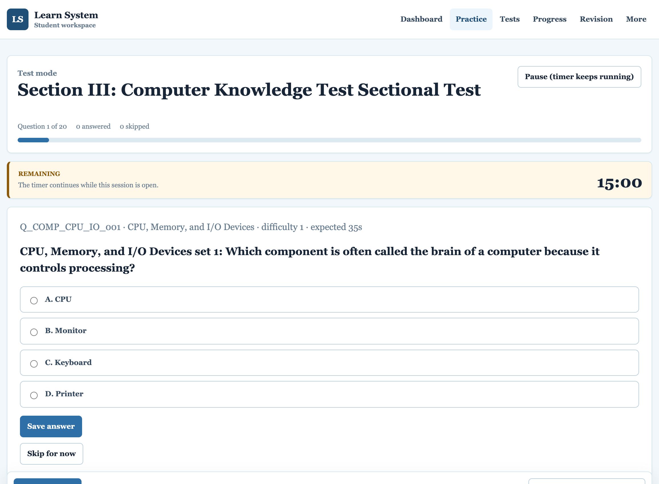 A question in test mode with timer